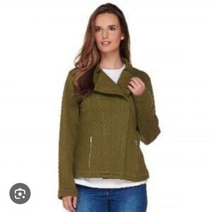 Isaac Mizrshi Live! Olive Green Knit Quilted Moto Jacket Wonens L
